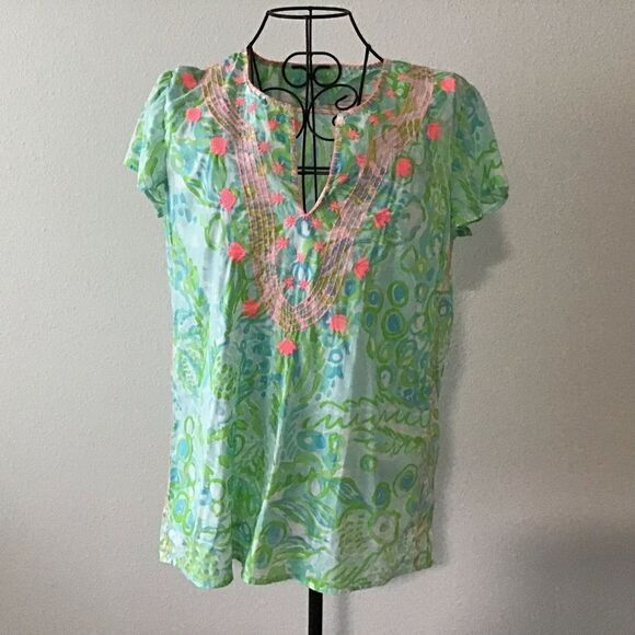 Lilly Pulitzer Cotton Embroidered Under the Sea Short Sleeve Blouse - Picture 5 of 11